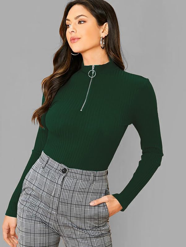 Dream Beauty Women's Half Zip Mock Neck Tee - Dark Green - Image 4