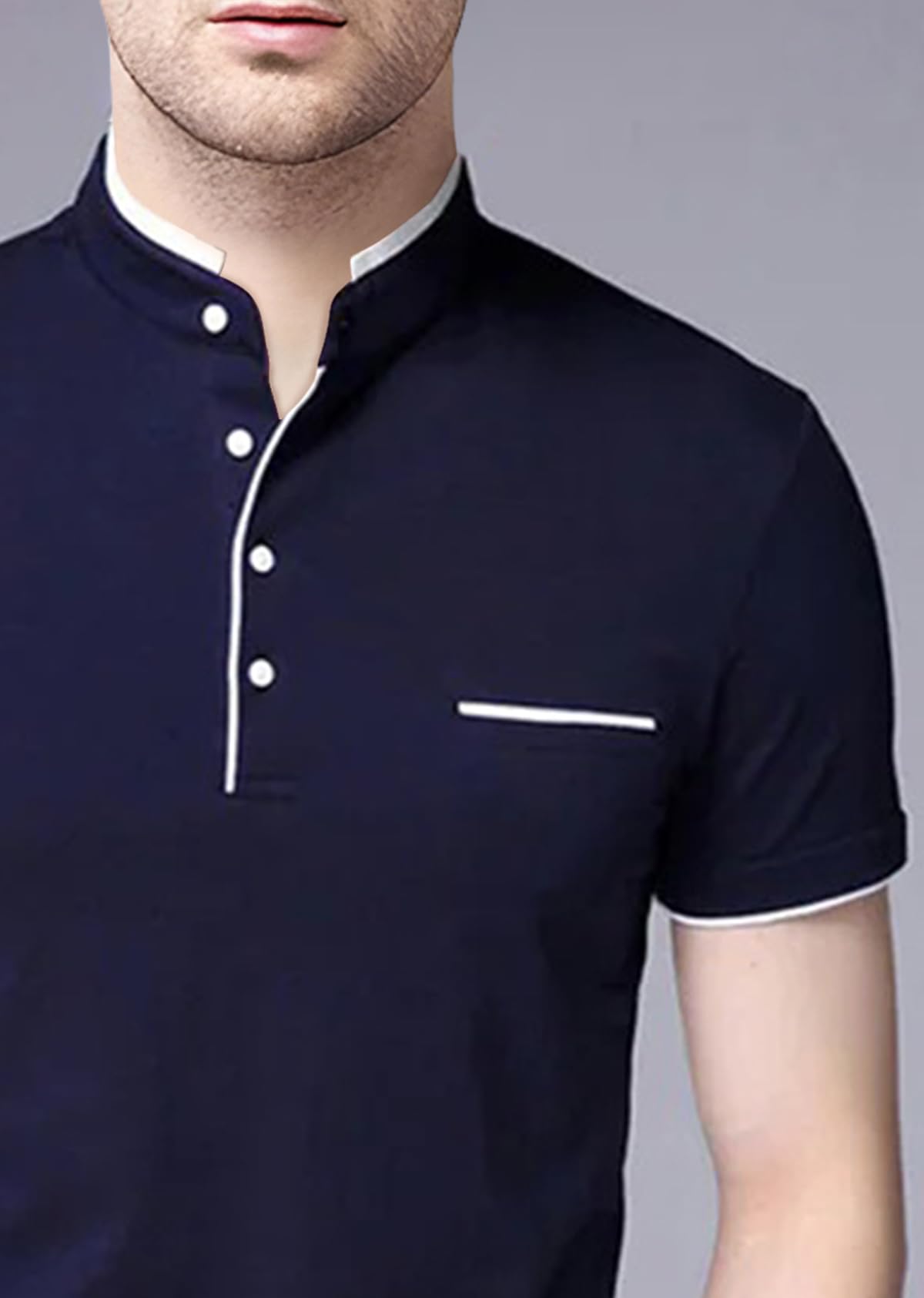 AUSK Men's Henley T-Shirt - Navy Blue - Image 3