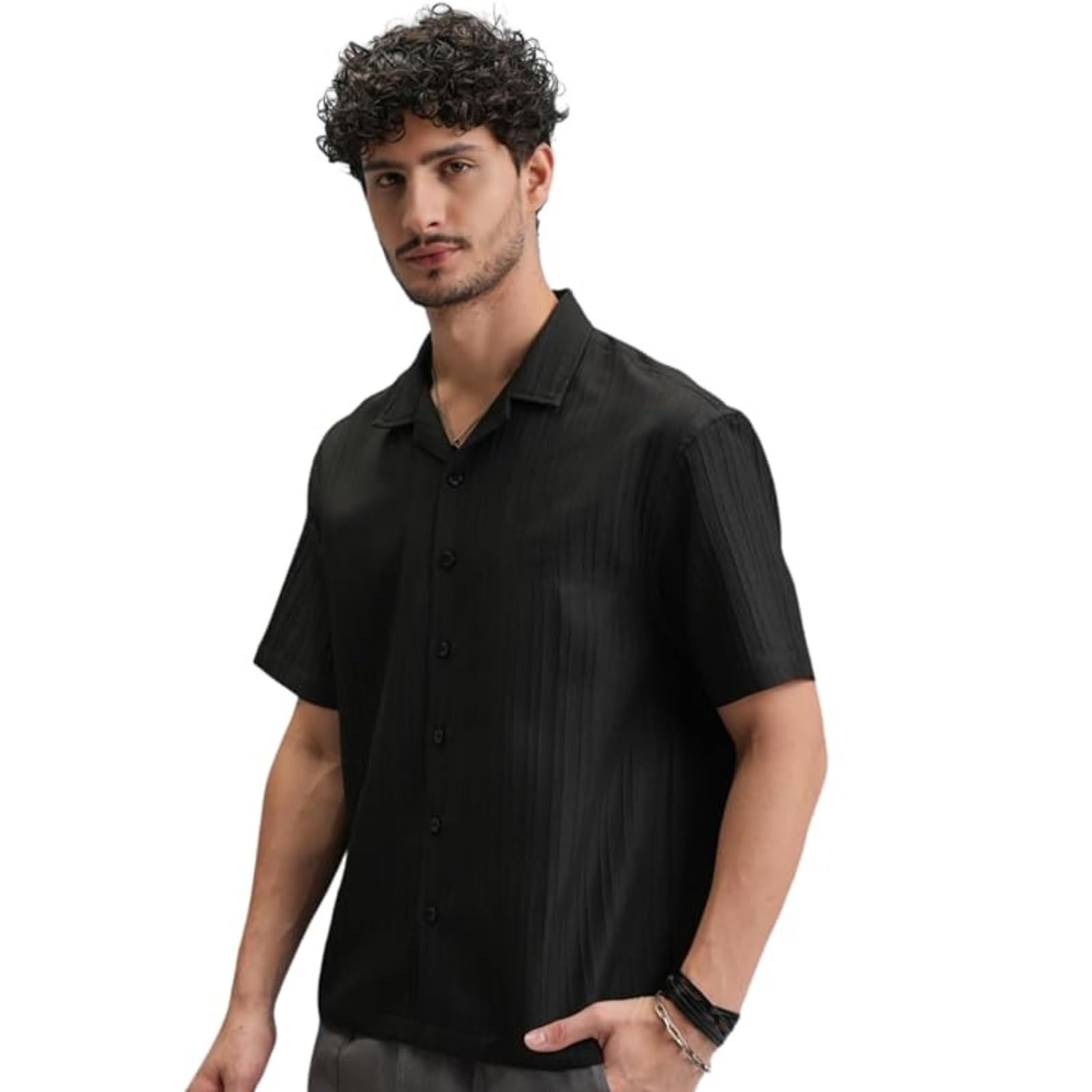 Funky Rich Men's Black Textured Popcorn Shirt