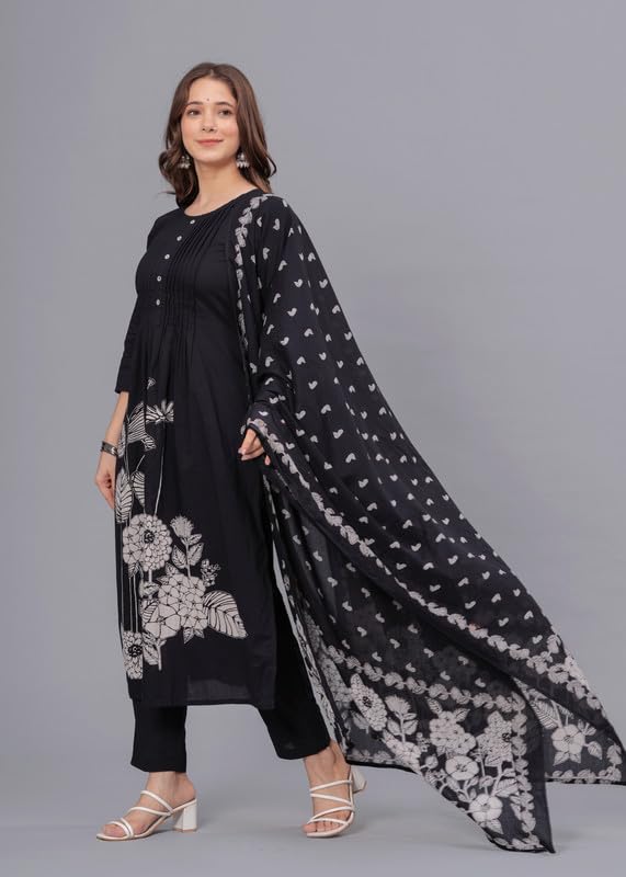 Arayna Women's Cotton Printed Kurta Set with Palazzo & Dupatta - Black - Image 4