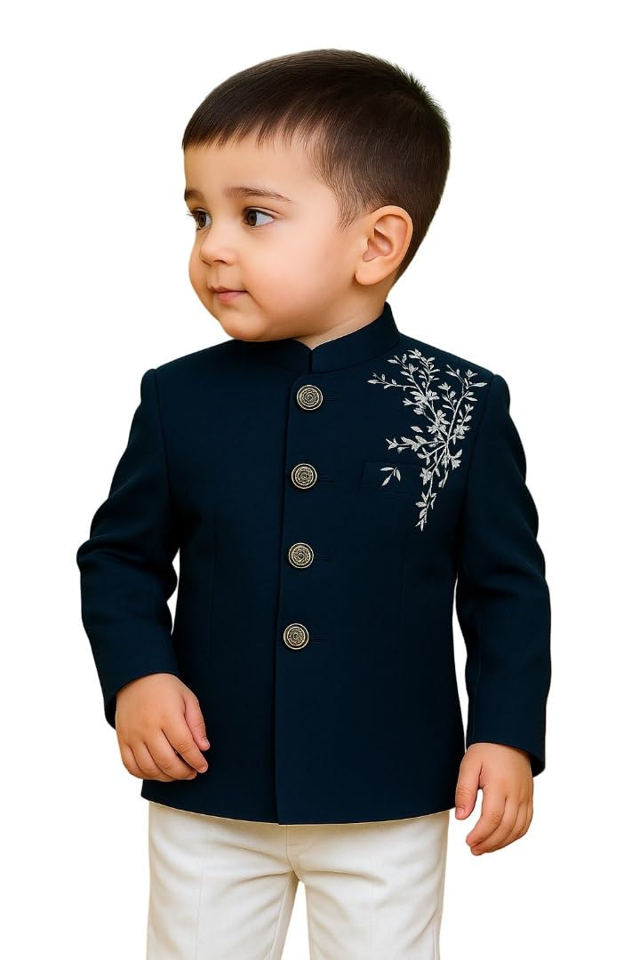 GarbGlide Baby Boy Sherwani Set - Navy Blue Embroidered