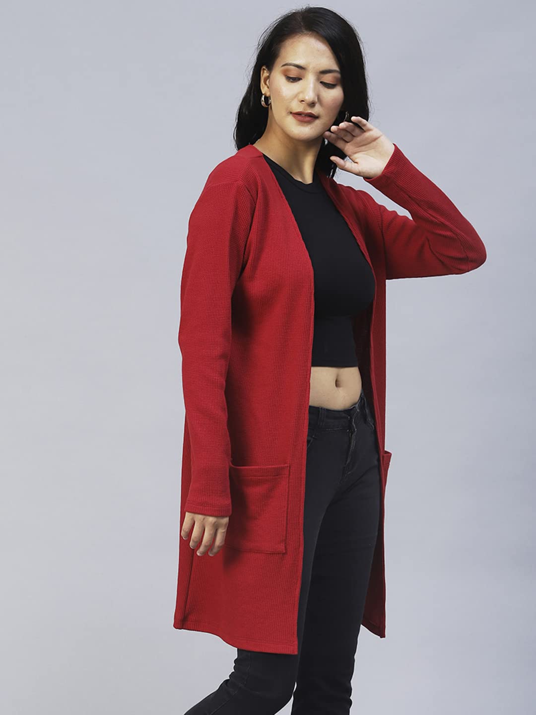 Rigo Front Open Long Rib Shrug - Maroon - Image 5