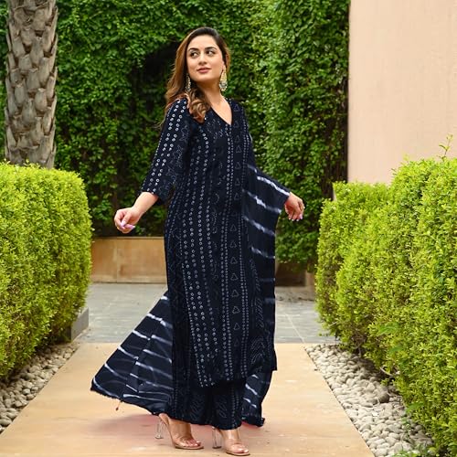 Grey Rayon Blend Bandhej Kurta Set for Women - Image 4