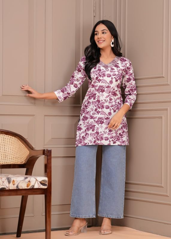 GarbGlide Women's Floral V-Neck Kurti - Purple - Image 4