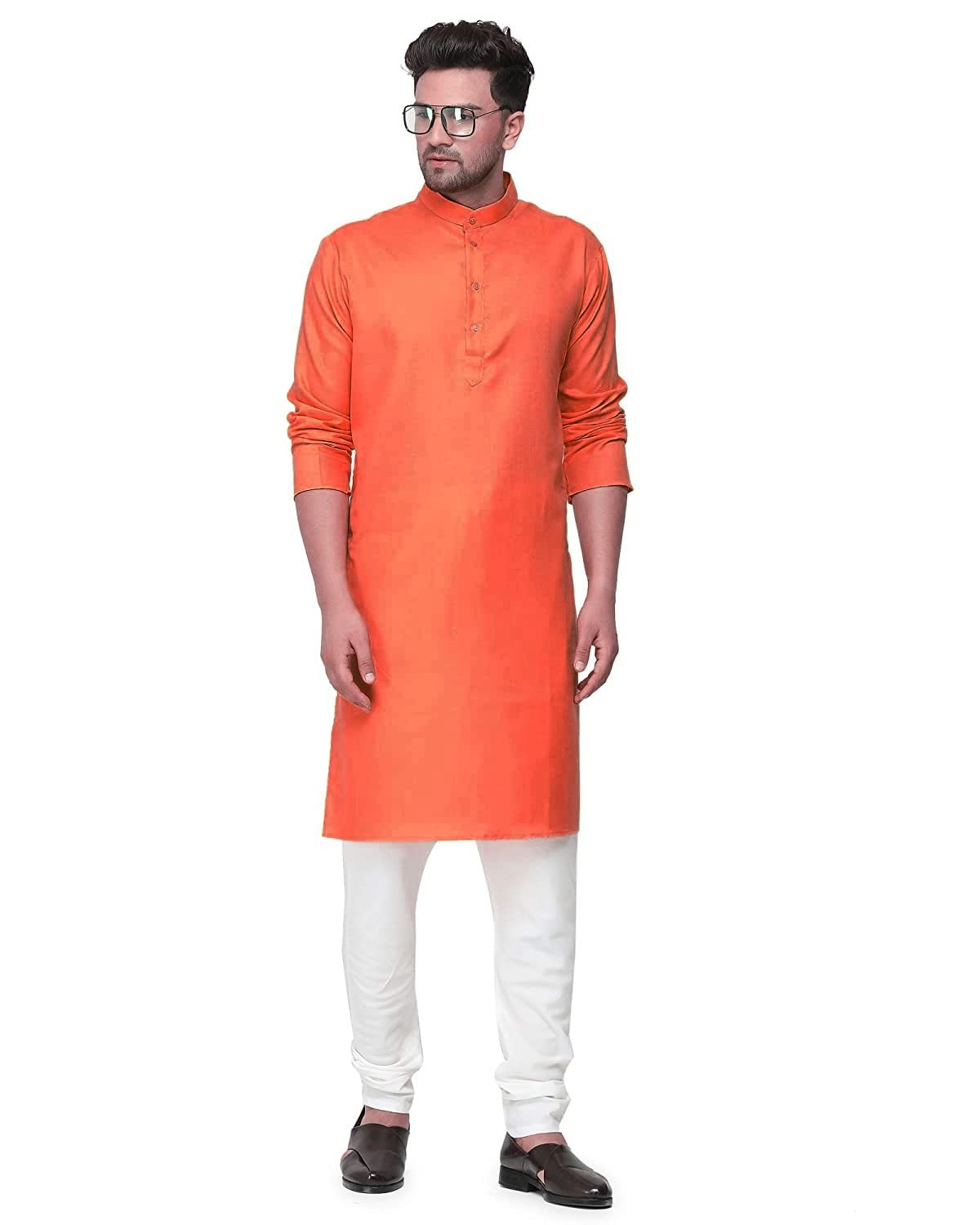 Enmozz Men's Cotton Blend Straight Kurta - Orange - Image 3