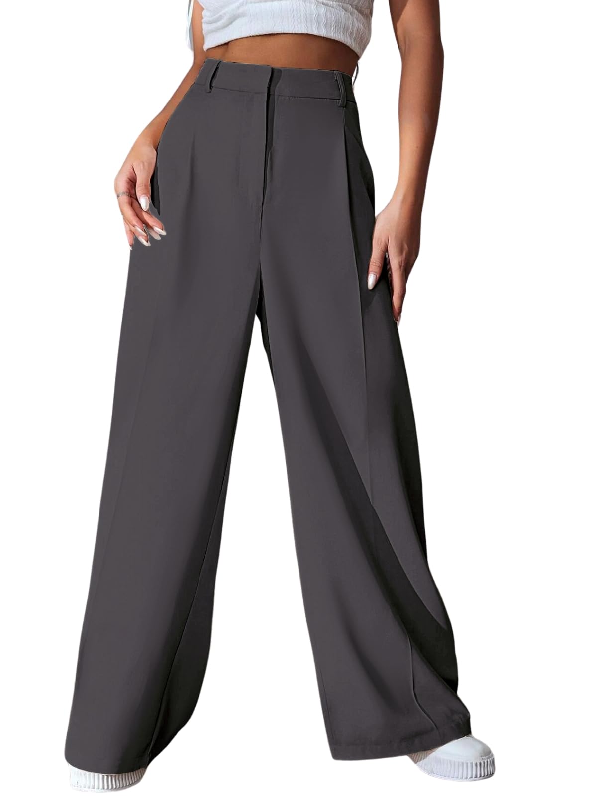 Greciilooks High Waist Flared Trousers for Women - Grey