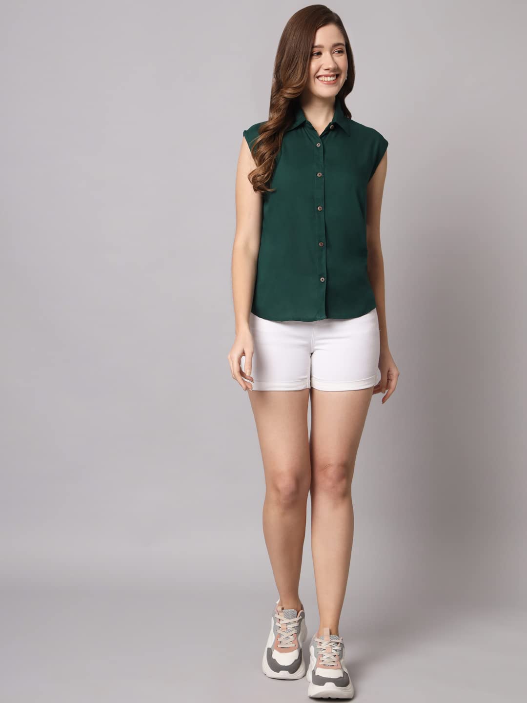 FUNDAY FASHION Women's Rayon Blend Sleeveless Shirt - Bottle Green - Image 5