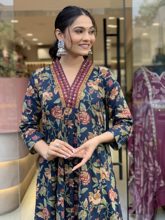 Nermosa Women Printed A-Line Kurta Set - Blue - Image 2