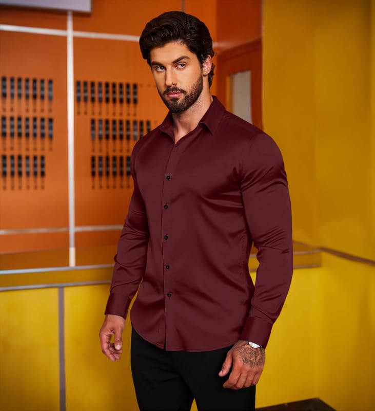 MADHAVISTA Men's Satin Formal Shirt - Maroon - Image 3