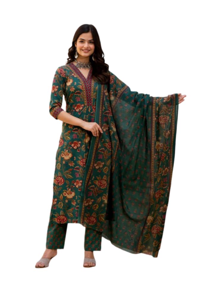 FABNEX Women's Green Kurta Pant & Dupatta Set