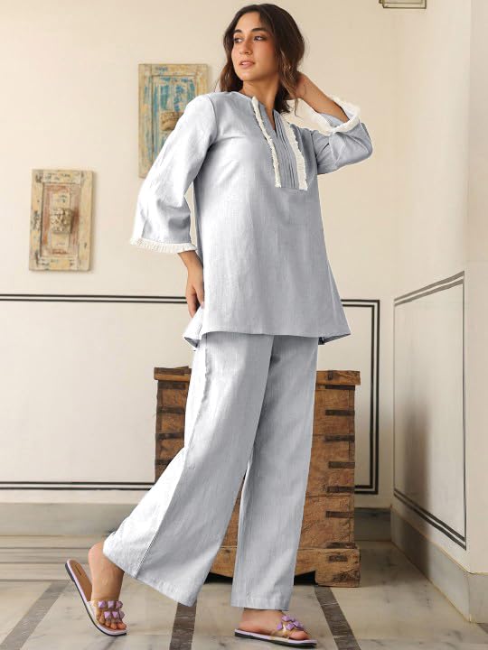 GRECIILOOKS Cotton Coord Set for Women - Light Blue - Image 3