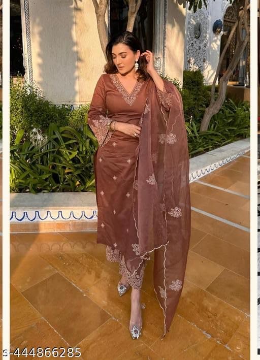 GarbGlide Women's Kurta Set with Dupatta & Bottomwear - Brown - Image 3