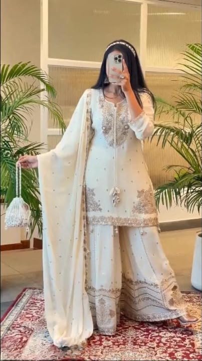 White Embroidered Sharara Suit Set - Image 4