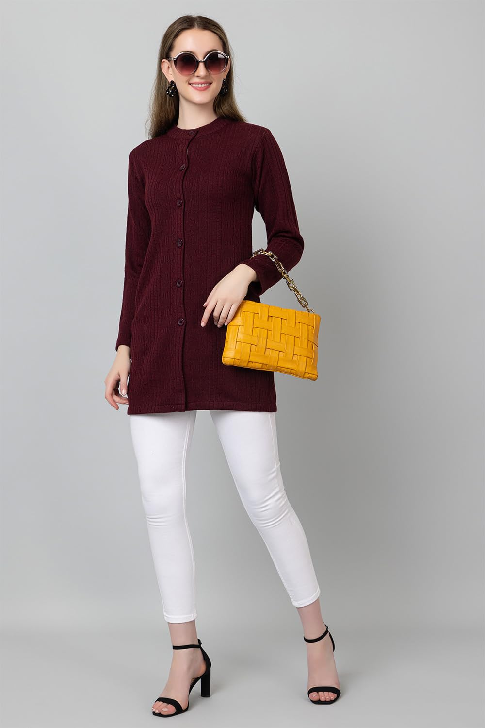 HIFZAA Women's Woolen Cardigan - Wine - Image 5