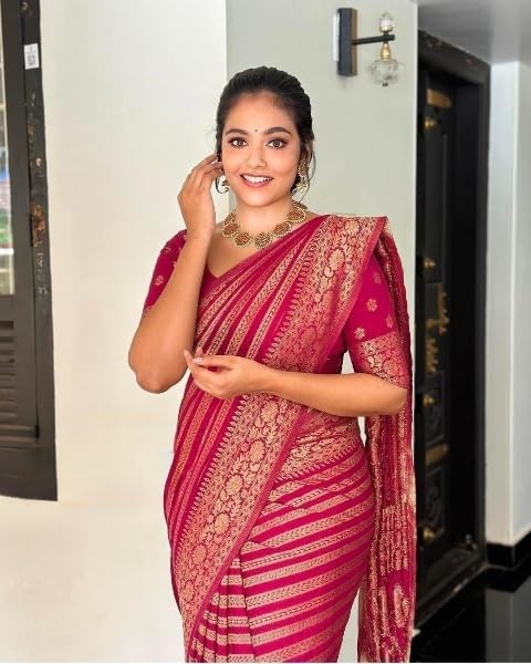 PHEASANT Women Kanjivaram Jacquard Saree - Pink with Gold Zari - Image 3