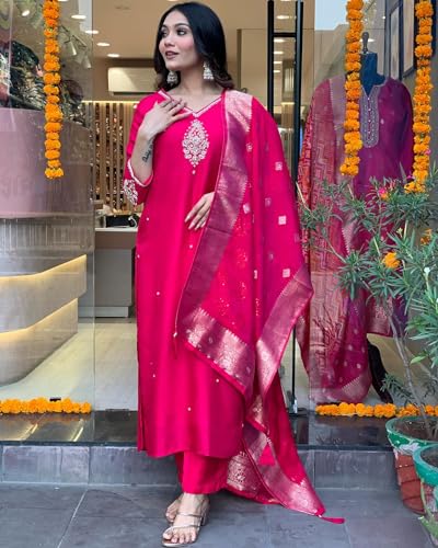 ANNI Women Silk Blend Kurta with Pant & Dupatta - Pink - Image 3