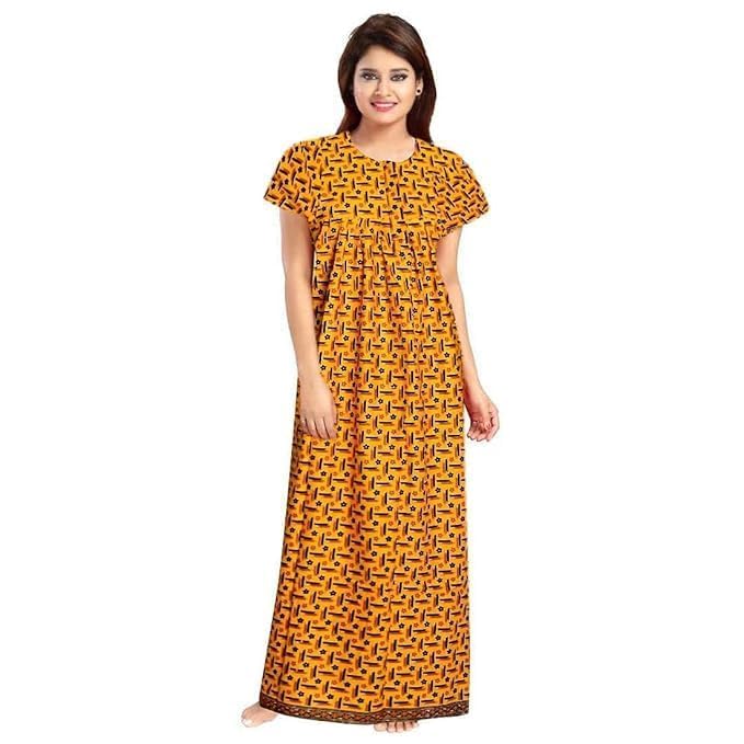 NILOUFO Women's Cotton Printed Maxi Nighty - Red Yellow - Image 3