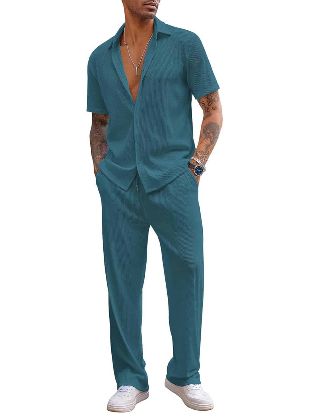 CHKOKKO Men Casual Western Co-ord Set - Blue