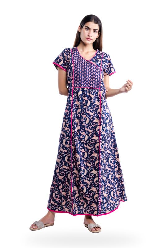 NIHSAMAH Cotton Night Gown for Women - Angrakha Style
