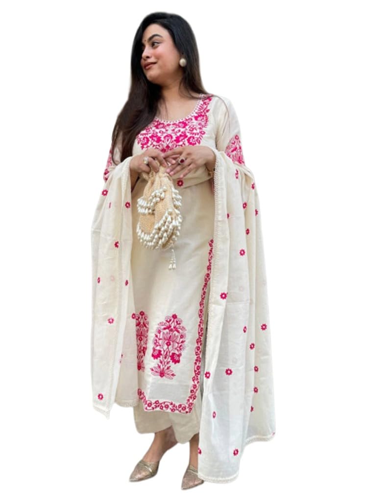 GoSriKi Women's Embroidered Kurta with Pant & Dupatta - Cream