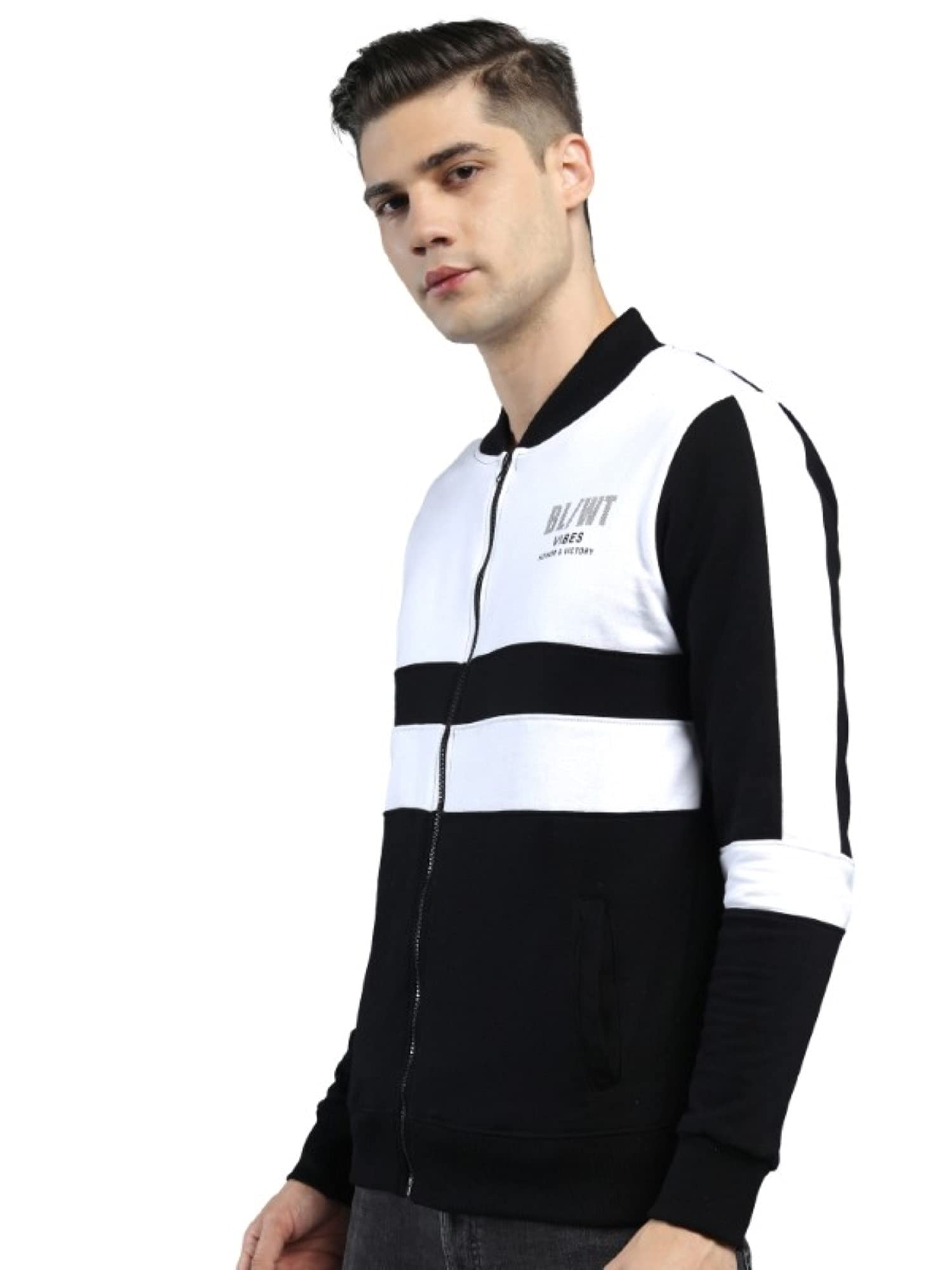 Maniac Men Color Block Casual Zip Jacket - Black White - Image 3