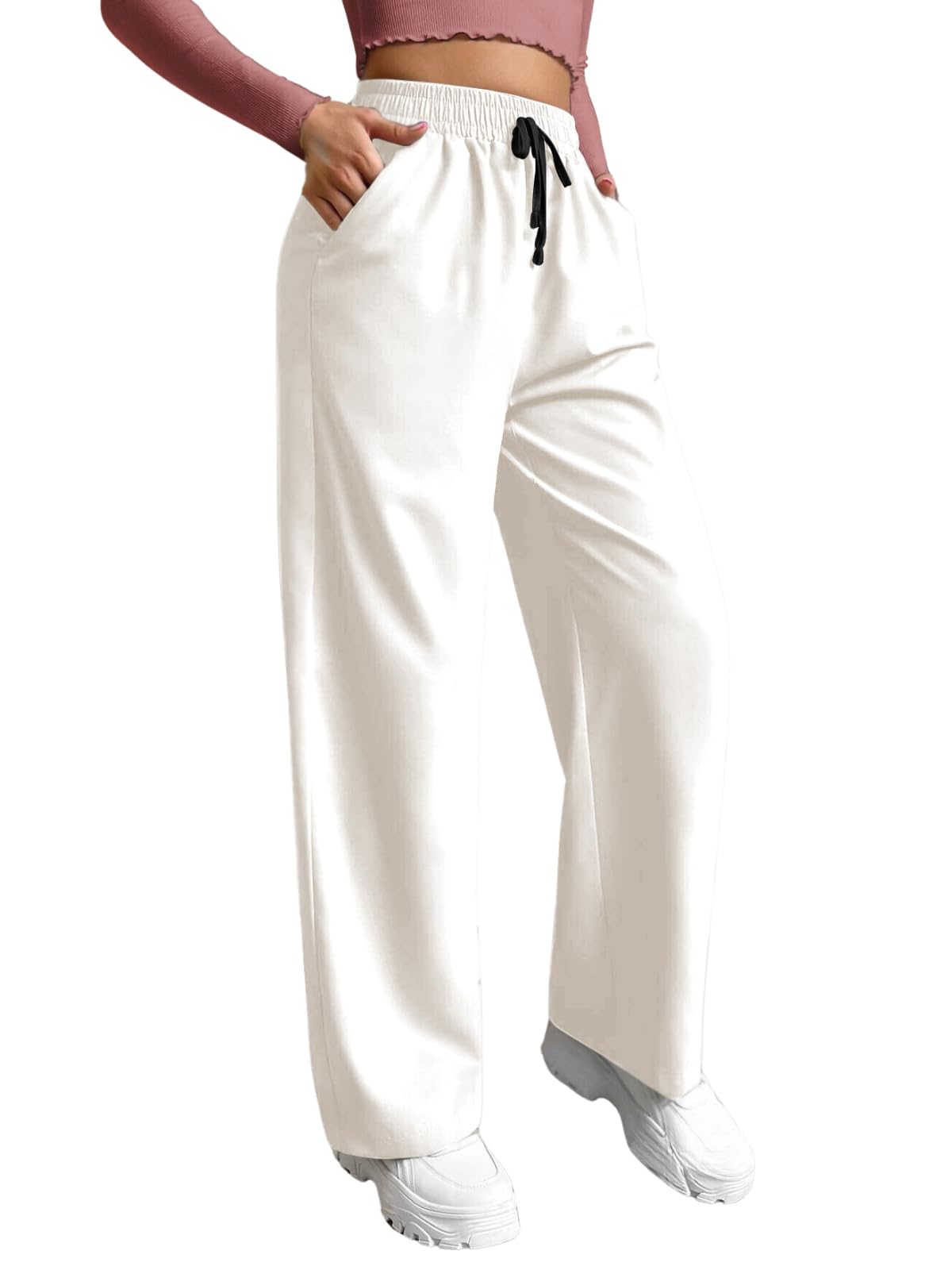 LERIYA FASHION Women's High Waist Flared Trousers - White