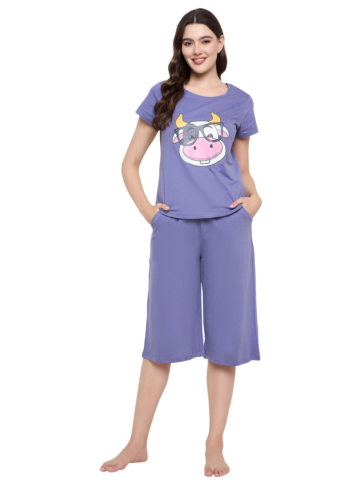 Clovia Women's Cotton Printed Top & Capri Set - Blue