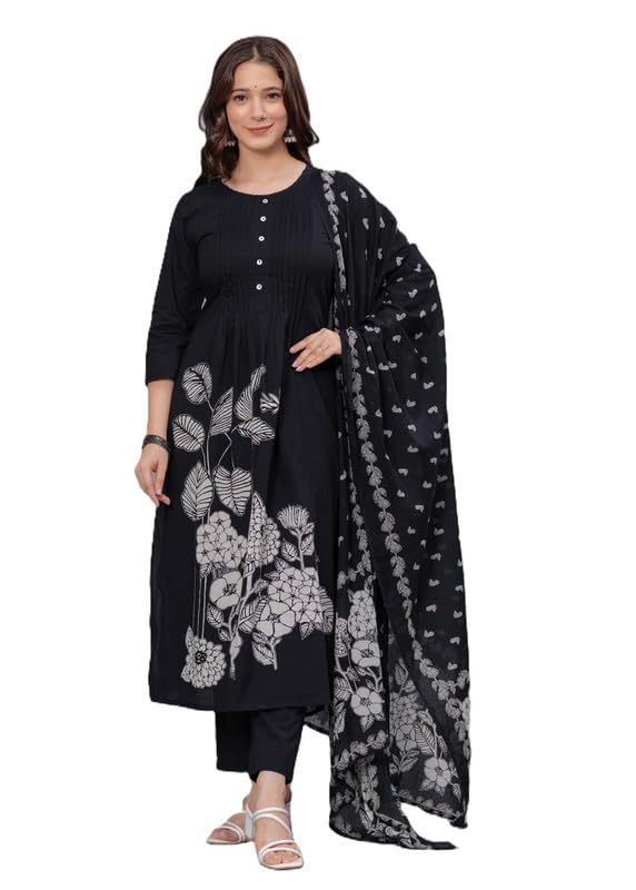 Arayna Women's Cotton Printed Kurta Set with Palazzo & Dupatta - Black