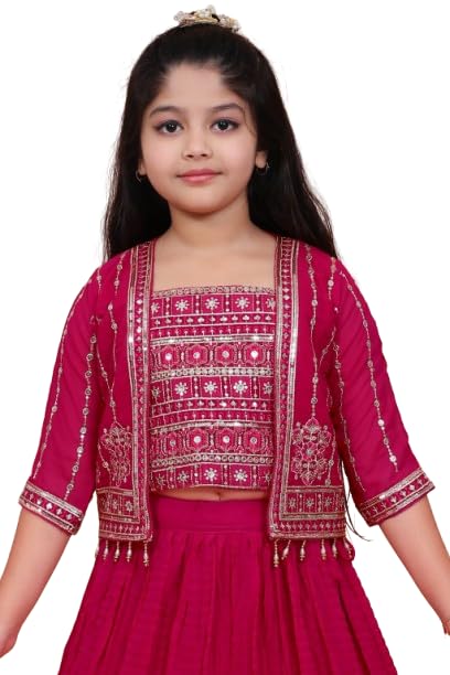Magenta Kids Lehenga with Mirror Work