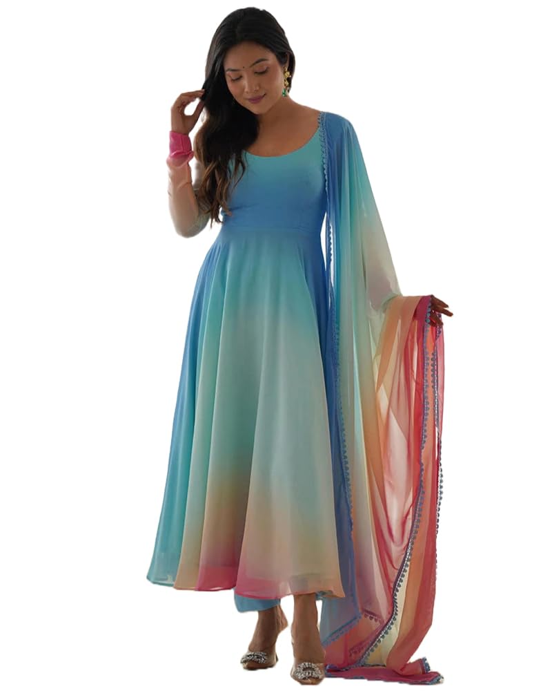GoSriKi Sky Blue Georgette Anarkali Kurta Set for Women