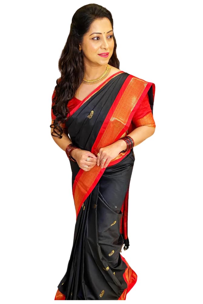 GarbGlide Women's Kanjivaram Lichi Silk Saree - Black Red