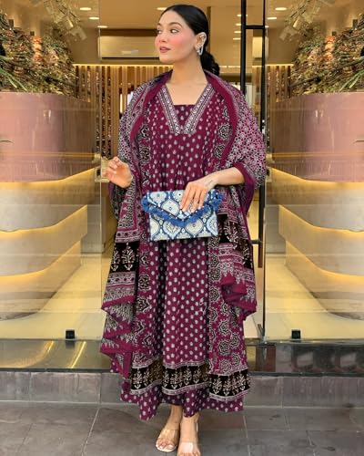 ANNI DESIGNER Women's Rayon Anarkali Kurta - Wine - Image 4