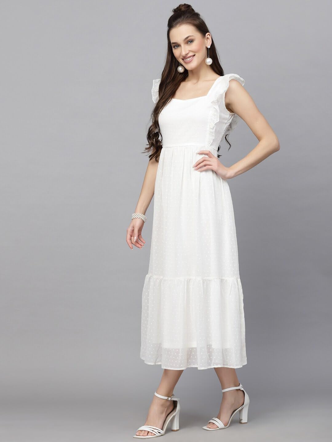 Sugathari Georgette Jacquard Butti White Dress - Image 2