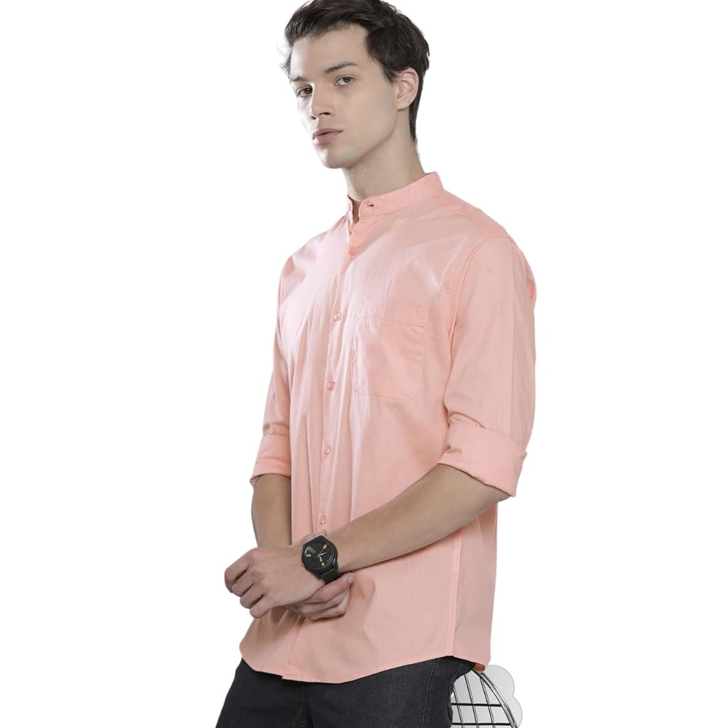 The Indian Garage Co Men's Pink Mandarin Collar Cotton Shirt