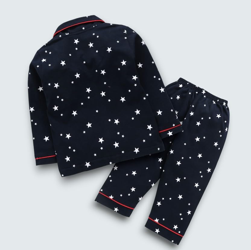 Uwald Kids Star Print Cotton Pyjama Set - Navy Blue - Image 2