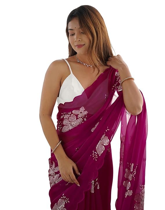 Flosive Women's Shimmer Organza Saree - Purple