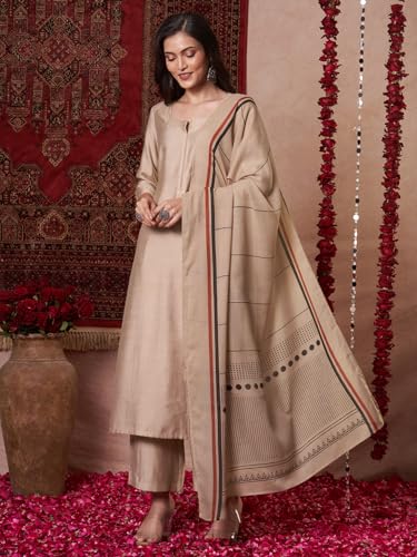 ANNI DESIGNER Women's Rayon Kurta with Pant & Dupatta - Beige - Image 3