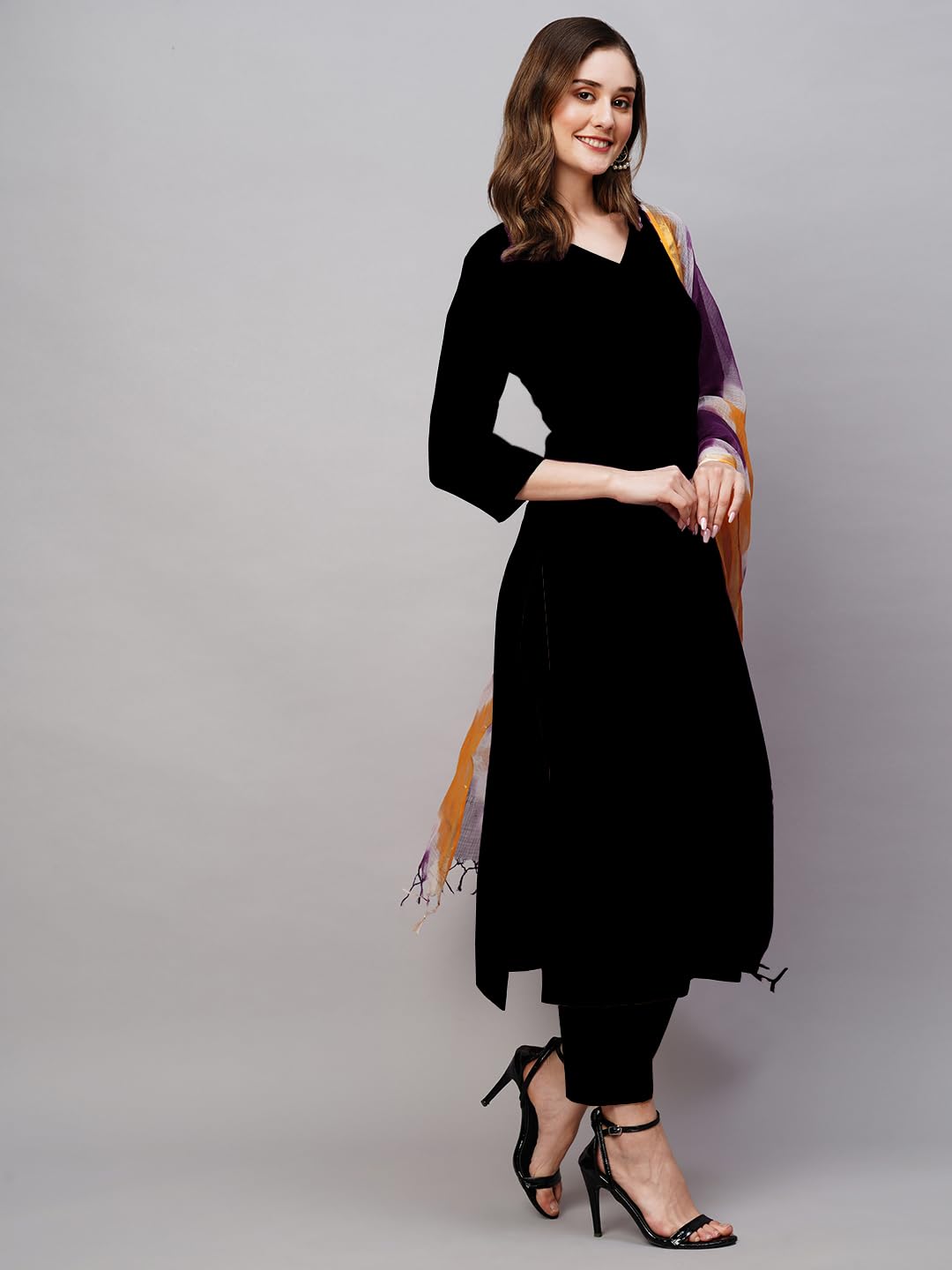 ANNI Rayon Viscose Kurta with Pant & Dupatta - Black - Image 3