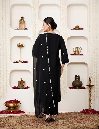 Myx Women's Embroidered Kurta Pant Set with Organza Dupatta - Black - Image 2