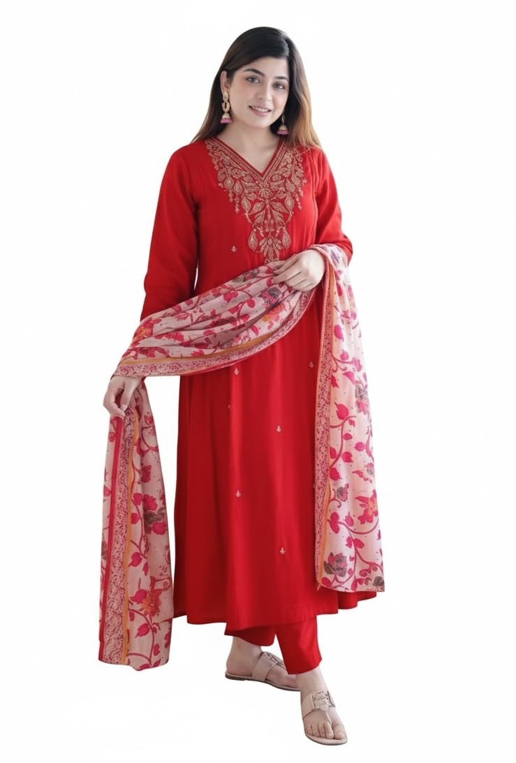 KLOSIA Red Embroidered Kurta Pant Set for Women