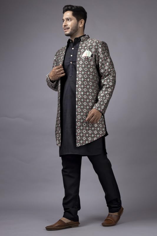 Amzira Men Black Kurta Pajama Set with Long Jacket - Image 5