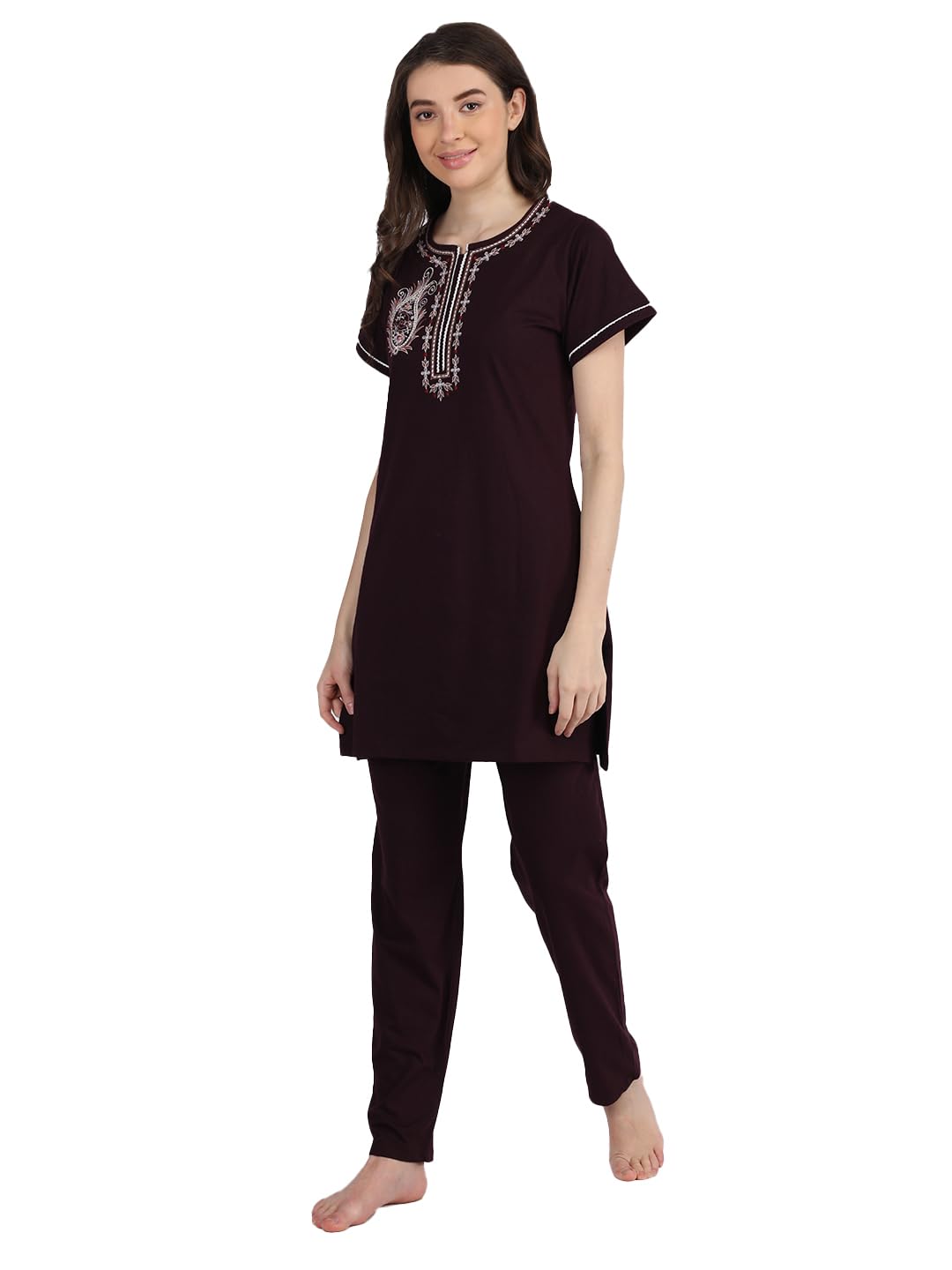 Duchess Women's Cotton Embroidered Night Suit - Wine - Image 5