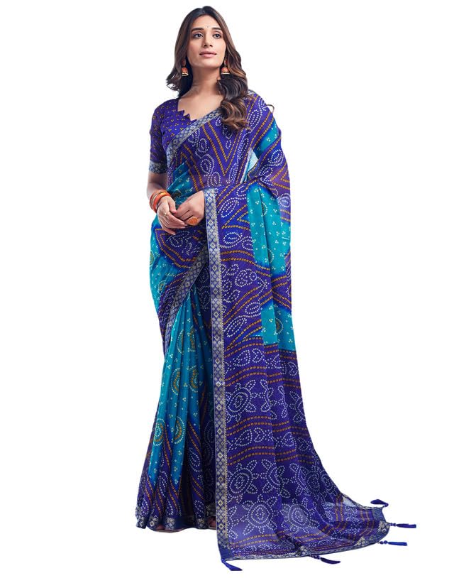 SIRIL Women's Chiffon Bandhani Saree - Blue