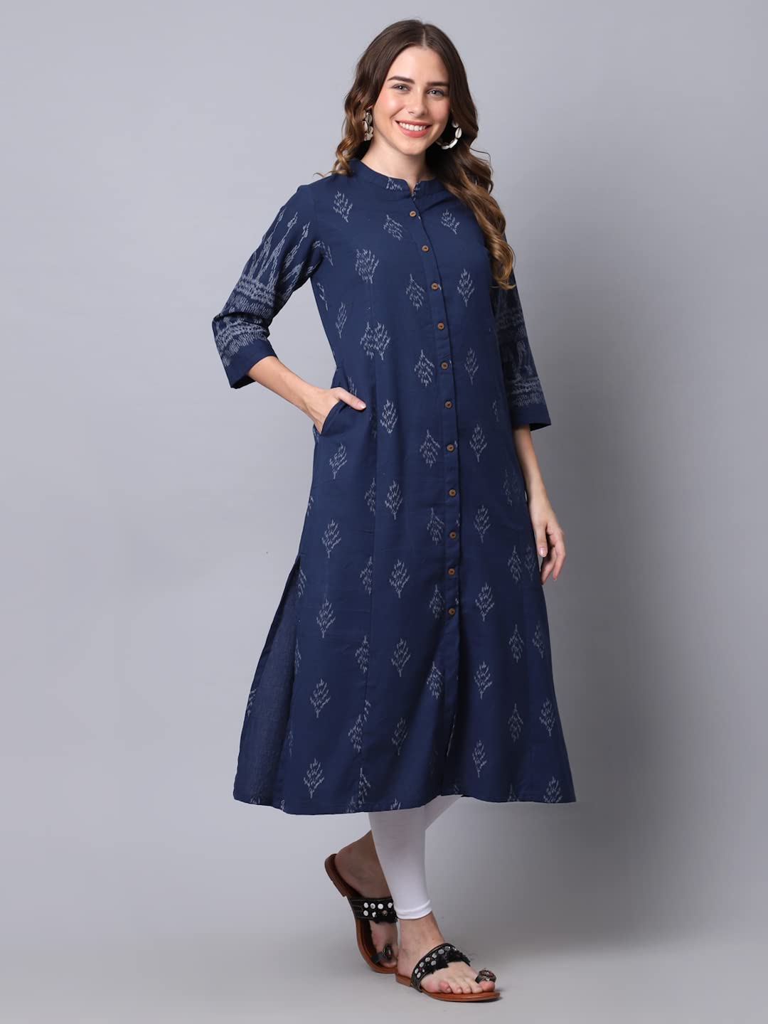 GarbGlide Women Cotton Ikat Print A-Line Kurta - Navy Blue - Image 2