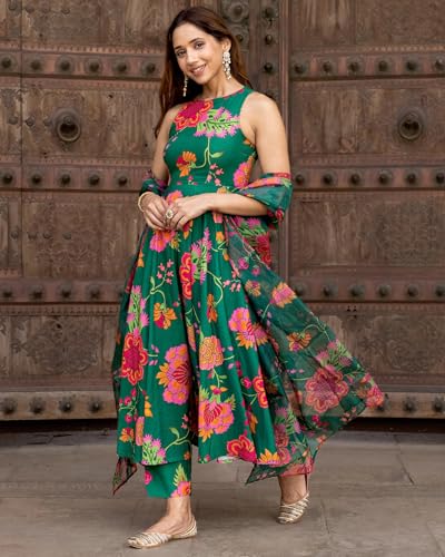 ANNI DESIGNER Women's Cotton Blend Anarkali Kurta - Green - Image 3