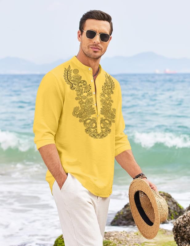 FINIVO Men's Yellow Cotton Blend Printed Kurta - Image 2