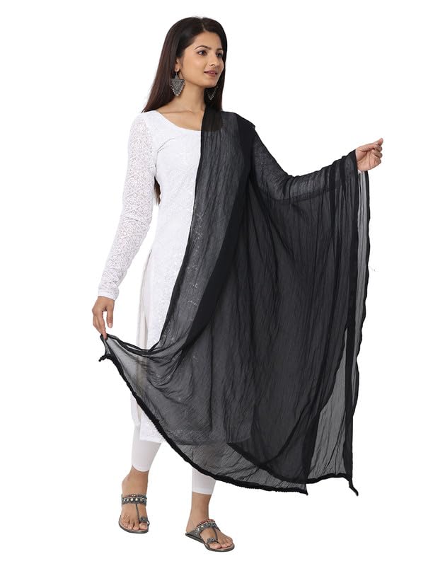 Chiffon Dupatta Set with Pom-Pom Lace - Black-Babypink - Image 5