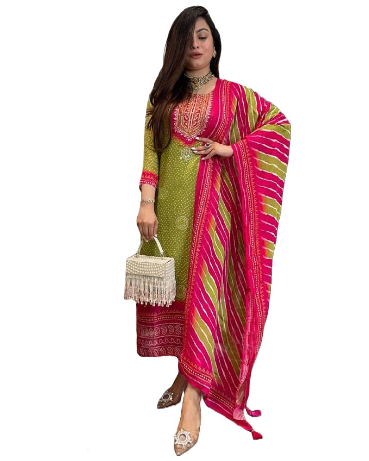 GoSriKi Women's Bandhej Printed Kurta with Pant & Dupatta - Green