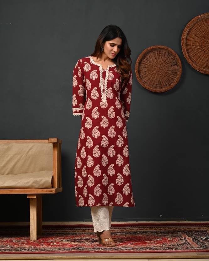 RAINDROP Women's Cotton Kurta - Maroon - Image 3