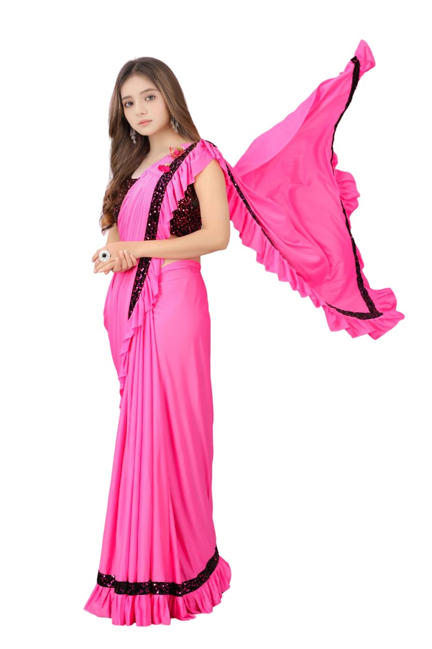 Dhyey Fashion Baby Girls Lycra Saree with Velvet Blouse - Image 4